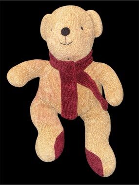 POTTERY BARN Chenille Plush Tan Bear with Burgundy Scarf Vintage tag